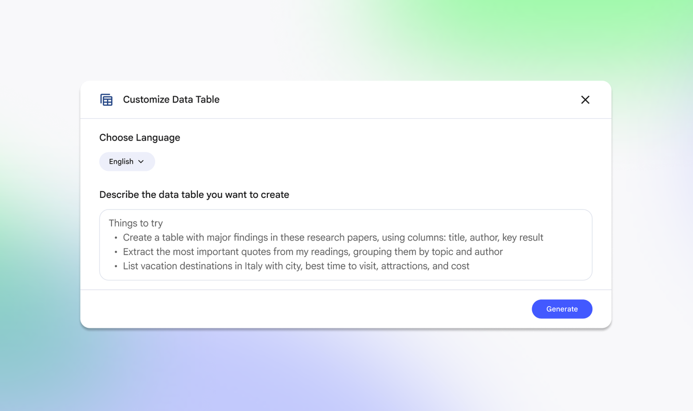 NotebookLM Data Tables 自訂設定(圖片來源:Google)